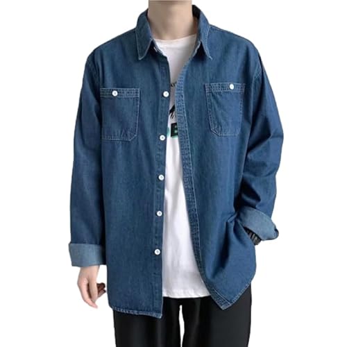 YANQSHM Cowboy Hemd Herren, Herren Jeanshemd mit Langen Ärmeln Used Look Gewaschener Cowboy Schnitt Western Oberteil Leichter Kentkragen Lässiger Button Down Jeansmantel mit Tasche Vintage Blau 4XL von YANQSHM