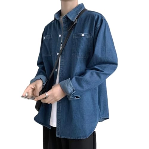 YANQSHM Cowboy Hemd Herren, Langärmliges Jeanshemd für Herren Normale Passform Modisches Cowboy Schnitt Westernoberteil Leichter Kentkragen Button Down Jeansmantel für Männer Dunkelblau 4XL von YANQSHM