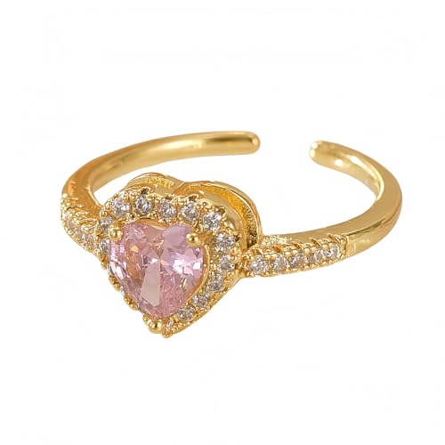 YANQSHM Damen Ringe, Erhabene Geburtssteinringe mit Edelstein Im Herzschliff Elegantes Goldenes Fidget Band Verstellbares Verlobungsband Funkelnder Kristallschmuck Geschenk für Frauen Männer Rosa von YANQSHM