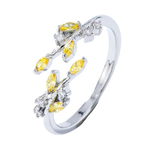 YANQSHM Damen Ringe, Exquisiter Geburtssteinring mit Edelstein Im Blattschliff Statement Zweigwickel Blatt Fidget Band Verstellbarer Verlobungsring Farbiger Kristallschmuck Geschenk für Frauen Gelb von YANQSHM