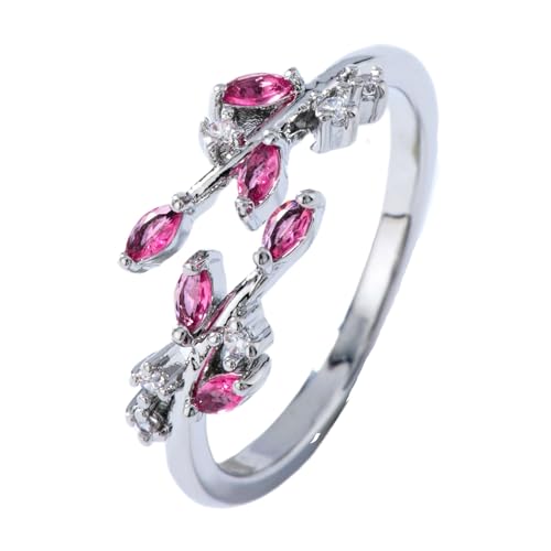 YANQSHM Damen Ringe, Exquisiter Geburtssteinring mit Edelstein Im Blattschliff Statement Zweigwickel Blatt Fidget Band Verstellbarer Verlobungsring Farbiger Kristallschmuck Geschenk für Frauen Rote von YANQSHM