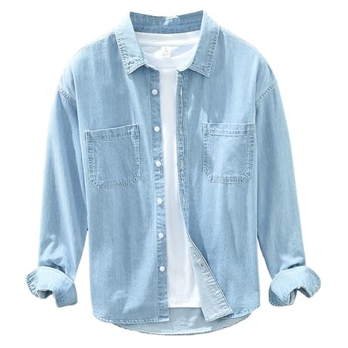 YANQSHM Freizeithemd, Herren Jeanshemd Langarm Cowboy Cut Western Tops Einfarbig Lässig Button Down Jeanshemden mit Brusttasche Hellblau M von YANQSHM