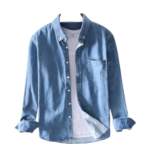 YANQSHM Hemd Herren, Jeanshemden für Herren Leichtes Gewaschenes Cowboyhemd für Herren Lockere Passform Lange Ärmel Lässige Arbeitsjeanshemden mit Tasche Spring Button Down Western T Shirts Blau L von YANQSHM