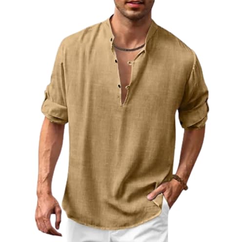 YANQSHM Hemd Herren Regular Fit,Herren Vintage Hemd Mit Pull Sleeve Henley Kragen Normale Passform Lässige Button Down Anzughemden Basic Hemd Für Party Strandhemd Normale Hemden Braun XL von YANQSHM