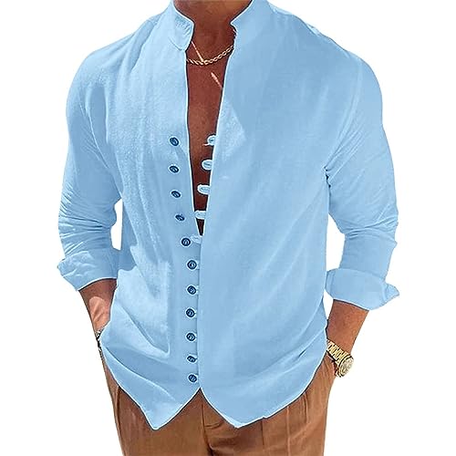YANQSHM Hemden Herren,Herren Viking Hemd Langärmelig Vintage Schnalle Bequeme Passform Lässiges Business Hemd Stehkragen Button Down Arbeitsanzug Hemden Einfarbig Basic Hemd Blau 3XL von YANQSHM
