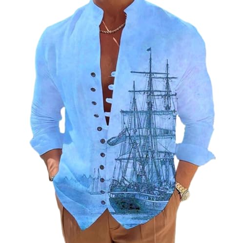 YANQSHM Herren Hemd Langarm,Herren Wikingerhemd Langärmelig Vintage Schnalle Bequeme Passform Lässiges Hemd Mit Segelschiffmuster Stehkragen Button Down Arbeitsanzughemden Basic Hemd Himmelblau L von YANQSHM