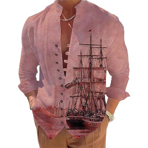 YANQSHM Herren Shirt,Herren Wikinger Hemd Langärmelig Vintage Schnalle Bequeme Passform Lässiges Hemd Mit Segelschiff Muster Stehkragen Button Down Arbeitsanzug Hemden Basic Hemd Pink L YANQSHM Herren Shirt,Herren Wikinger Hemd Langärmelig Vintage Schnalle Bequeme Passform Lässiges Hemd Mit Segelschiff Muster Stehkragen Button Down Arbeitsanzug Hemden Basic Hemd Pink L von YANQSHM