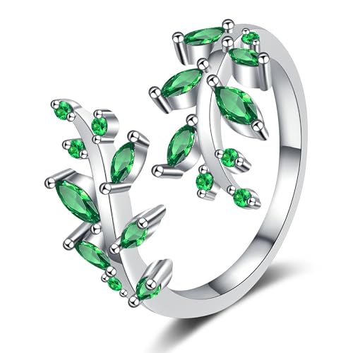 YANQSHM Ring Damen, Geburtssteinring mit Edelstein Im Blattschliff Eleganter Wickelring mit Ast und Blatt Fidget Band Verstellbar Versprechen Ehering Balance Kristallschmuck Geschenk für Frauen und von YANQSHM