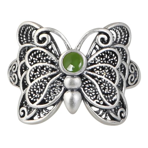 YANQSHM Silberring Damen 925 Silber, Damen Ring Aus 925Er Sterlingsilber Verstellbar Filigran mit Schmetterling Eingelegtem Natürlichem Edelstein Jaspis Offener Retro Schmuck Als Muttertagsgeschenk von YANQSHM