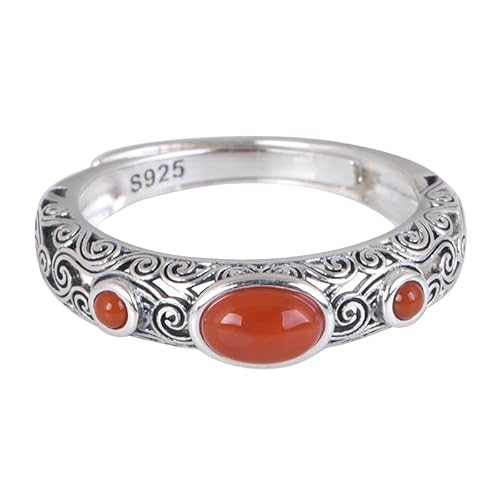 YANQSHM Silberring Damen 925 Silber, Ringe Aus 925Er Sterlingsilber für Damen Im Used Look Hohl Eingelegt mit Natürlichem Edelstein Roter Achat Offen Verstellbar Retro Schmuck Als Muttertagsgesche von YANQSHM
