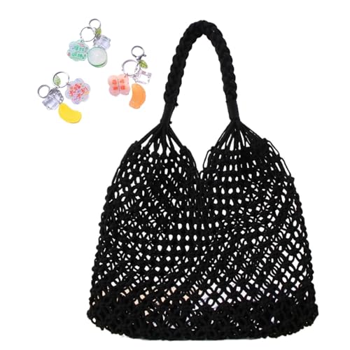 Gehäkelte Umhängetaschen for Frauen Kordelzug Baumwolle Seil Reise Strand Fischernetz Handtasche Einkaufen gewebt(Black) von YANROSE