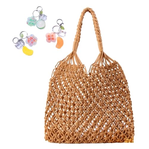 Gehäkelte Umhängetaschen for Frauen Kordelzug Baumwolle Seil Reise Strand Fischernetz Handtasche Einkaufen gewebt(Brown) von YANROSE