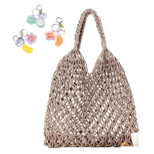 Gehäkelte Umhängetaschen for Frauen Kordelzug Baumwolle Seil Reise Strand Fischernetz Handtasche Einkaufen gewebt(Gray) von YANROSE