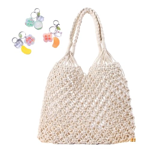 Gehäkelte Umhängetaschen for Frauen Kordelzug Baumwolle Seil Reise Strand Fischernetz Handtasche Einkaufen gewebt(White) von YANROSE