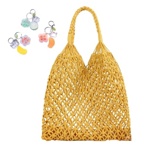 Gehäkelte Umhängetaschen for Frauen Kordelzug Baumwolle Seil Reise Strand Fischernetz Handtasche Einkaufen gewebt(Yellow) von YANROSE