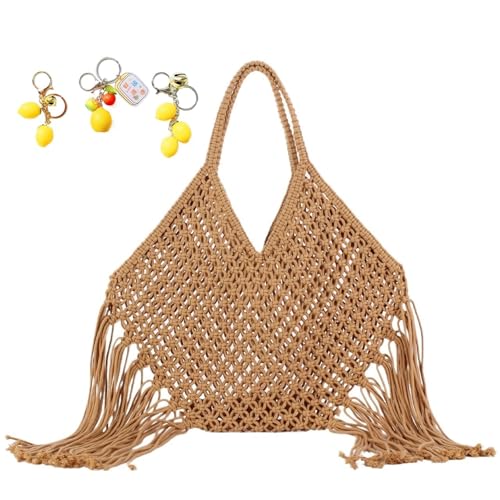 Häkeln Tasche for Frauen Baumwolle Seil Reise Strand Fischernetz Schulter Handtasche Gewebt Sommer(Brown) von YANROSE