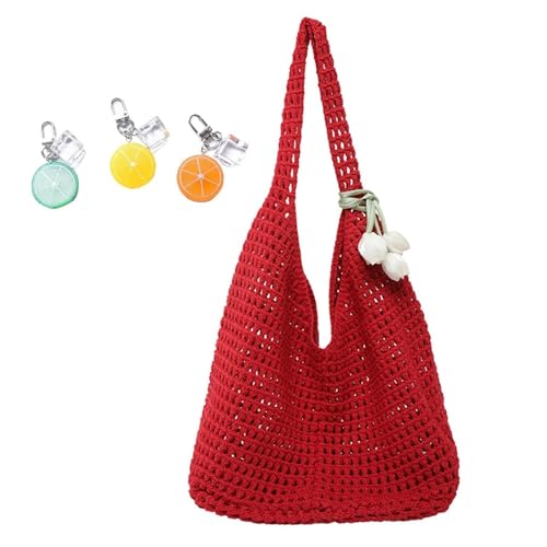 Häkeln Taschen Strand Mesh Tote Tasche Womens Schulter Shopping Handtasche Casual Reise Faltbare Hobo(Red) von YANROSE