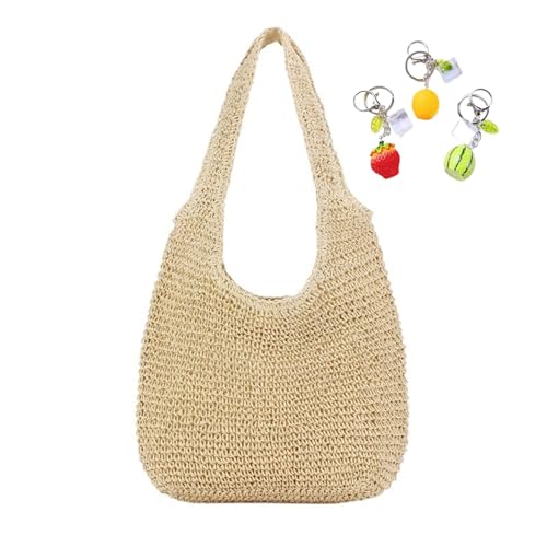 Stroh Strandtasche mit Reißverschluss Damen große handgemachte gewebte Schultertaschen Hobo Tote Handtasche Geldbörse Sommer(Beige) von YANROSE