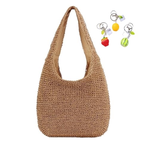 Stroh Strandtasche mit Reißverschluss Damen große handgemachte gewebte Schultertaschen Hobo Tote Handtasche Geldbörse Sommer(Brown) von YANROSE