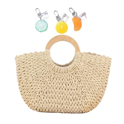 YANROSE Strohhandtaschen for Frauen 2025 Handgewebte Runde Griff Ring Tote Retro Sommer Strand Rattan Tasche(Beige) von YANROSE