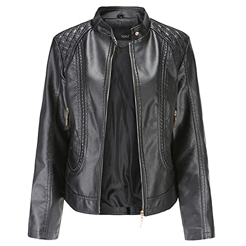 YANRR Damen Lederjacke mit Reißverschluss Herbst Winter Motorradjacke Kunstleder Jacke Stand-up Slim Dünn Mäntel für Frauen, Schwarz , 38 von YANRR