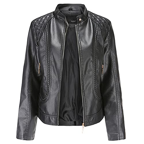 YANRR Damen Lederjacke mit Reißverschluss Herbst Winter Motorradjacke Kunstleder Jacke Stand-up Slim Dünn Mäntel für Frauen, Schwarz , 48 von YANRR