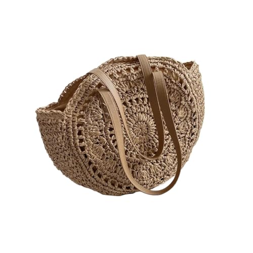 Strohtasche Sommer Runde Strohtaschen Rattan Schultertasche Reise Handgemachte Gewebte Strandhandtaschen Gewebte Tasche, Khaki, hohl, 43x2x38cm von YANSHUYU