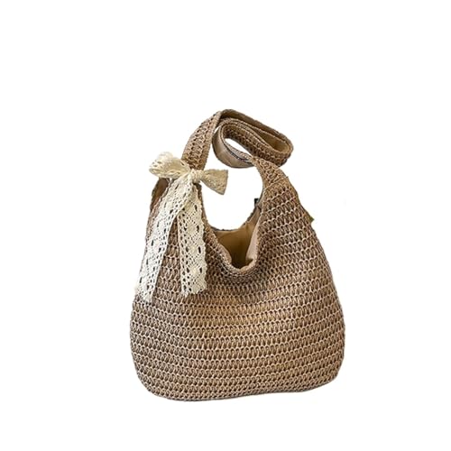 YANSHUYU Strohtasche Rattan Damen Schultertaschen Gewebt Weibliche Handtaschen Gewebte Tasche, Khakiaddribbon, Einheitsgröße von YANSHUYU