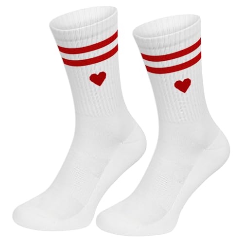 YANSYUN 1 Paar Tennissocken Damen 37-43 Frottee Sohle Atmungsaktiv Baumwollsocken Damen mit Streifen Herz Weiß Tennis Socken Geschenke für Frauen von YANSYUN