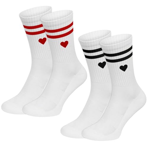 YANSYUN 2 Paar Tennissocken Damen 37-43 Frottee Sohle Atmungsaktiv Baumwollsocken Damen mit Streifen Herz Weiß Tennis Socken Geschenke für Frauen von YANSYUN
