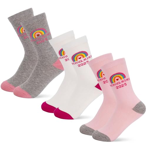 YANSYUN 3 Paare Schulkind Socken Mädchen 31-34 Socken Einschulung Geschenk für Schulkind 2025 mit Regenbogen Baumwollsocken Geschenk zur Schulanfang Mädchen 6 Jahre von YANSYUN