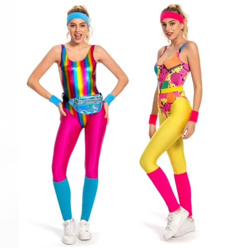 YANVS 80er Jahre Fitness Kostüm Damen 6 Stück Set Bunt Jumpsuit Vintage Aerobic Kleidung Yoga Hosen Sportbekleidung von YANVS