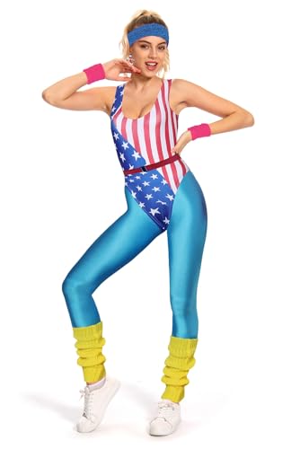 YANVS 80er Jahre Fitness Kostüm Damen 6 Stück Set Bunt Jumpsuit Vintage Aerobic Kleidung Yoga Hosen Sportbekleidung von YANVS