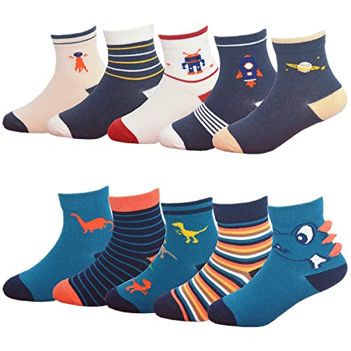 YANWANG 10 Paar Kleinkinder-Kinder-Baumwoll-Crew-Socken, Niedliche Cartoon-Tier-Söckchen für Jungen und Mädchen(M:3-5 Jahre,1#Dinosaurier) von YANWANG