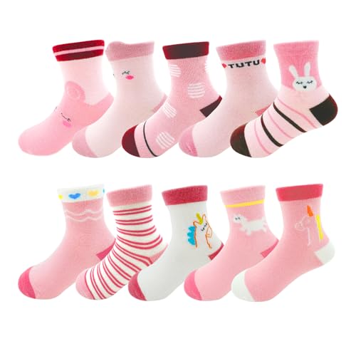 YANWANG 10 Paar Kleinkinder-Kinder-Baumwoll-Crew-Socken, Niedliche Cartoon-Tier-Söckchen für Jungen und Mädchen(S:1-3 Jahre,Pink Unicorn) von YANWANG
