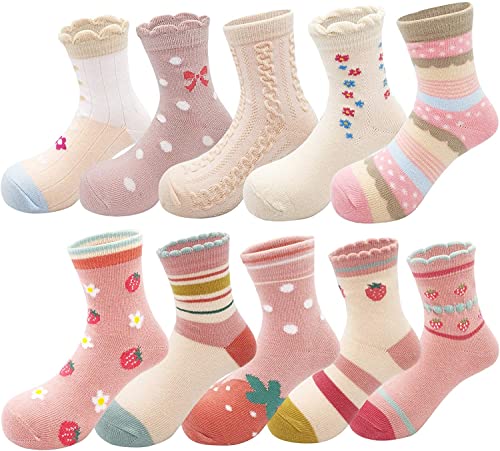 YANWANG 10 Paar Kleinkinder-Kinder-Baumwoll-Crew-Socken, Niedliche Cartoon-Tier-Söckchen für Jungen und Mädchen(XL:7-10 Jahre,4#Erdbeere) von YANWANG