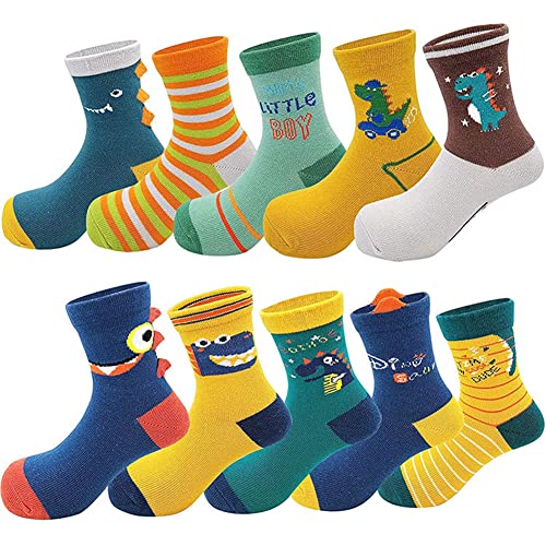 YANWANG 10 Paar Kleinkinder-Kinder-Baumwoll-Crew-Socken, Niedliche Cartoon-Tier-Söckchen für Jungen und Mädchen(L:5-7 Jahre,3#Stegosaurus) von YANWANG