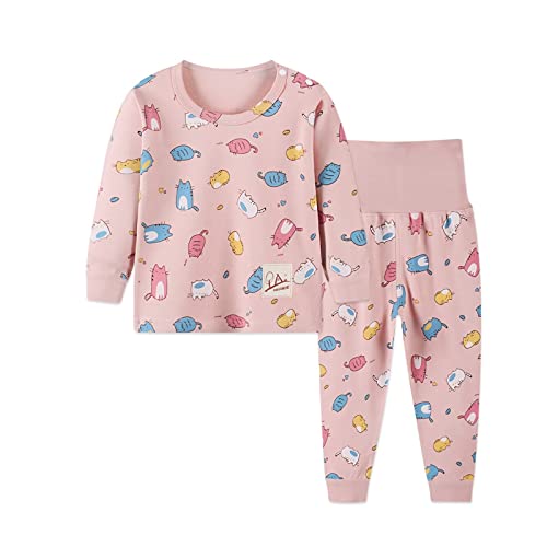 YANWANG 100% Baumwolle Baby Kinder Schlafanzüge Jungen Mädchen Pyjamas Set Langarm Nachtwäsche（Pinke Katze，6-12 Monate） von YANWANG