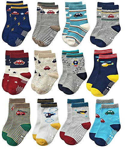 YANWANG 12 Paar Kleinkind Jungen Rutschfeste Socken Nette Baumwolle mit Griffen, Baby Jungen Mädchen Anti-Rutsch-Socken(1#Auto,1-3 Jahre) von YANWANG