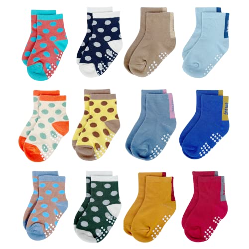 YANWANG 12 Paar Kleinkind Jungen Rutschfeste Socken Nette Baumwolle mit Griffen, Baby Jungen Mädchen Anti-Rutsch-Socken(10#Punkt,0-12 Monate) von YANWANG