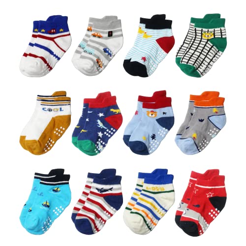 YANWANG 12 Paar Kleinkind Jungen Rutschfeste Socken Nette Baumwolle mit Griffen, Baby Jungen Mädchen Anti-Rutsch-Socken(11#tiger,1-3 Jahre) von YANWANG