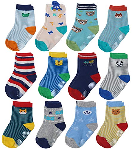 YANWANG 12 Paar Kleinkind Jungen Rutschfeste Socken Nette Baumwolle mit Griffen, Baby Jungen Mädchen Anti-Rutsch-Socken(2#Tier,1-3 Jahre) von YANWANG