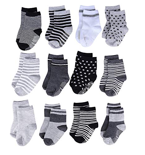 YANWANG 12 Paar Kleinkind Jungen Rutschfeste Socken Nette Baumwolle mit Griffen, Baby Jungen Mädchen Anti-Rutsch-Socken(3#Stern,0-12 Monate) von YANWANG