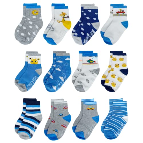 YANWANG 12 Paar Kleinkind Jungen Rutschfeste Socken Nette Baumwolle mit Griffen, Baby Jungen Mädchen Anti-Rutsch-Socken(6#Giraffe,0-12 Monate) von YANWANG