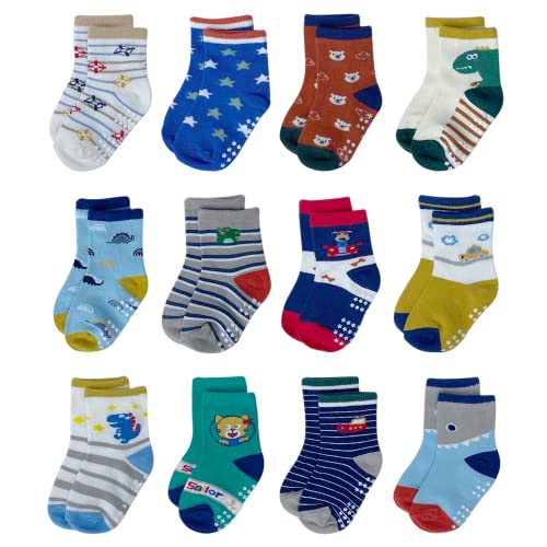 YANWANG 12 Paar Kleinkind Jungen Rutschfeste Socken Nette Baumwolle mit Griffen, Baby Jungen Mädchen Anti-Rutsch-Socken(7#Dinosaurier,0-12 Monate) von YANWANG