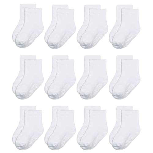 YANWANG 12 Paar Kleinkind Jungen Rutschfeste Socken Nette Baumwolle mit Griffen, Baby Jungen Mädchen Anti-Rutsch-Socken(8#Weiß,0-12 Monate) von YANWANG