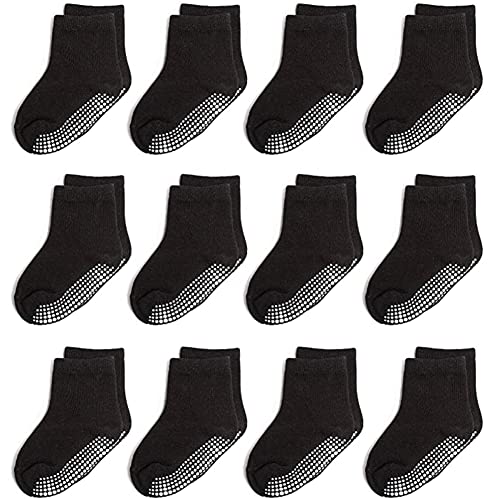 YANWANG 12 Paar Kleinkind Jungen Rutschfeste Socken Nette Baumwolle mit Griffen, Baby Jungen Mädchen Anti-Rutsch-Socken(9#Schwarz,3-5 Jahre) von YANWANG