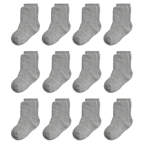 YANWANG 12 Paar Kleinkind Jungen Rutschfeste Socken Nette Baumwolle mit Griffen, Baby Jungen Mädchen Anti-Rutsch-Socken(Grey—12 Paar,1-3 Jahre) von YANWANG