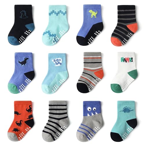 YANWANG 12 Paar Kleinkind Jungen Rutschfeste Socken Nette Baumwolle mit Griffen, Baby Jungen Mädchen Anti-Rutsch-Socken（KB162-dinosaur，5-7 Jahre von YANWANG