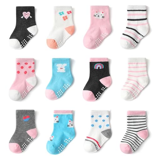 YANWANG 12 Paar Kleinkind Jungen Rutschfeste Socken Nette Baumwolle mit Griffen, Baby Jungen Mädchen Anti-Rutsch-Socken（KB163-rainbow，0-12 Monate von YANWANG